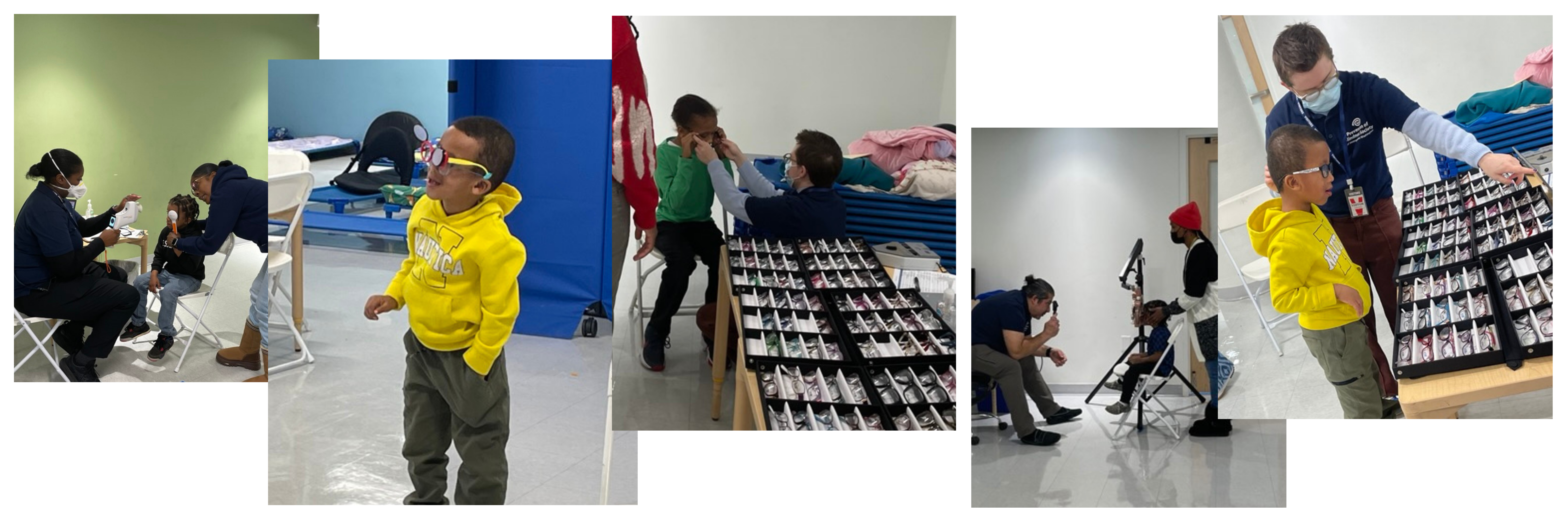 photo collage of kids being assessed for and receiving glasses at a Glasses4Scholars event