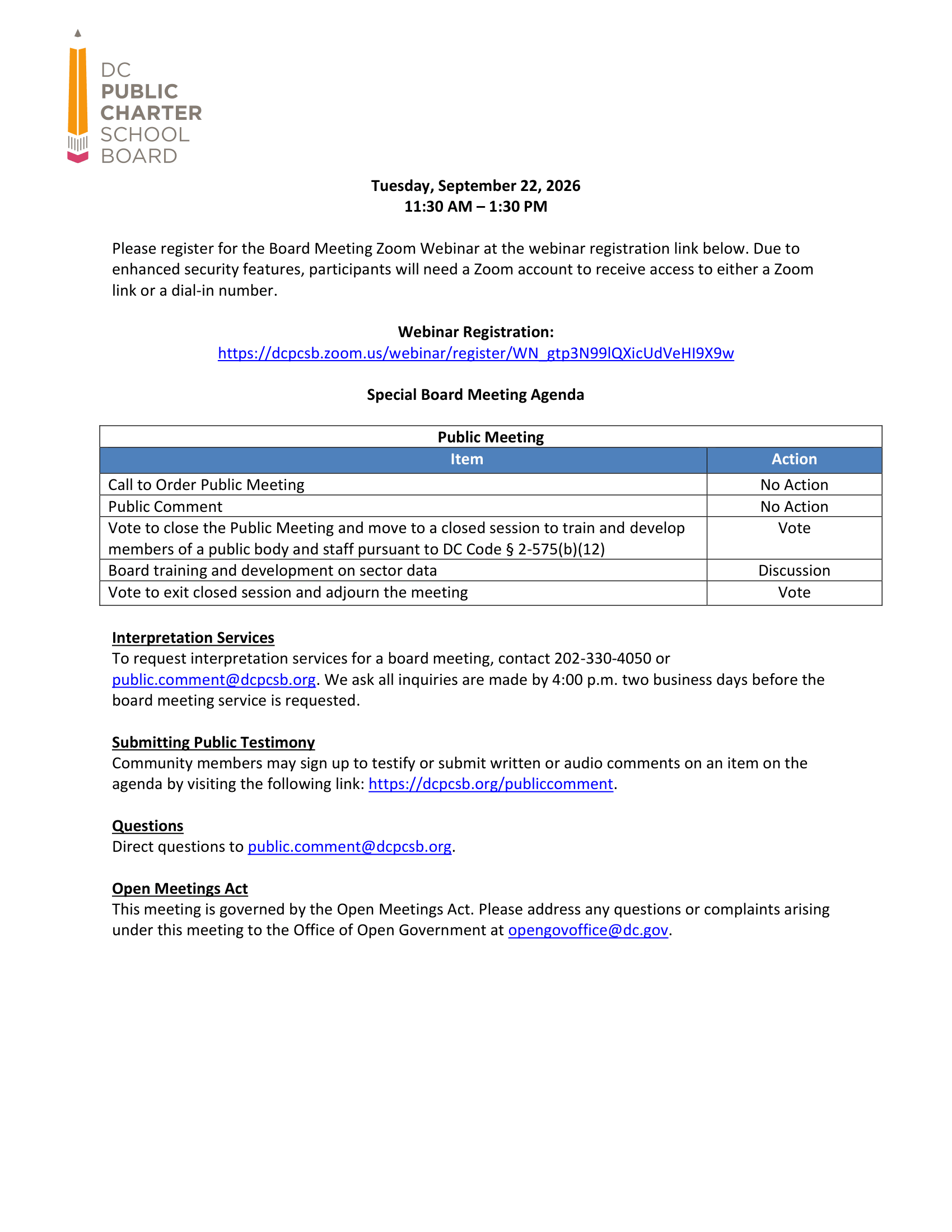 September 2026 Special Board Meeting Agenda