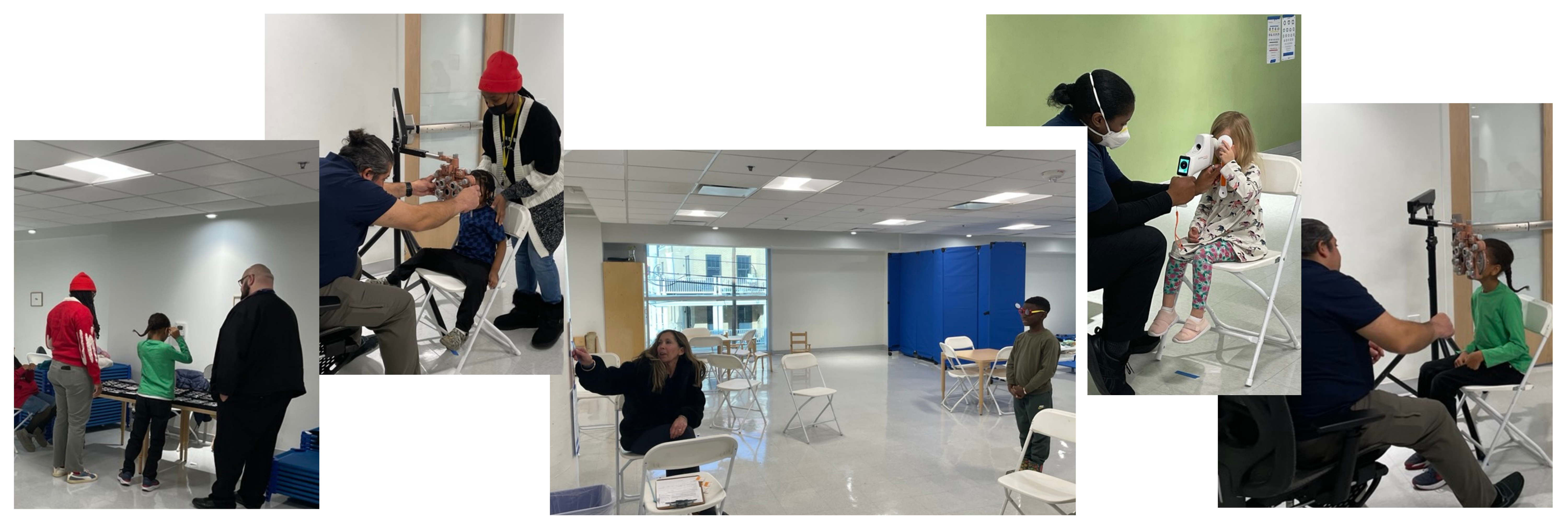 photo collage of kids being assessed for and receiving glasses at a Glasses4Scholars event