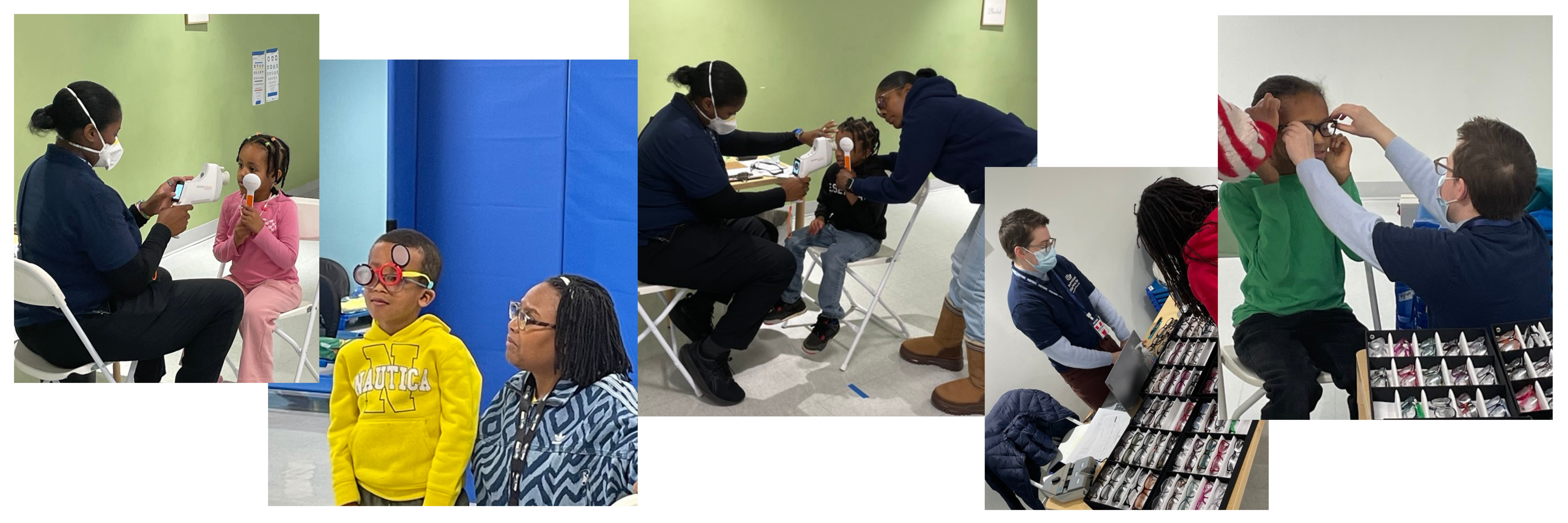 photo collage of kids being assessed for and receiving glasses at a Glasses4Scholars event