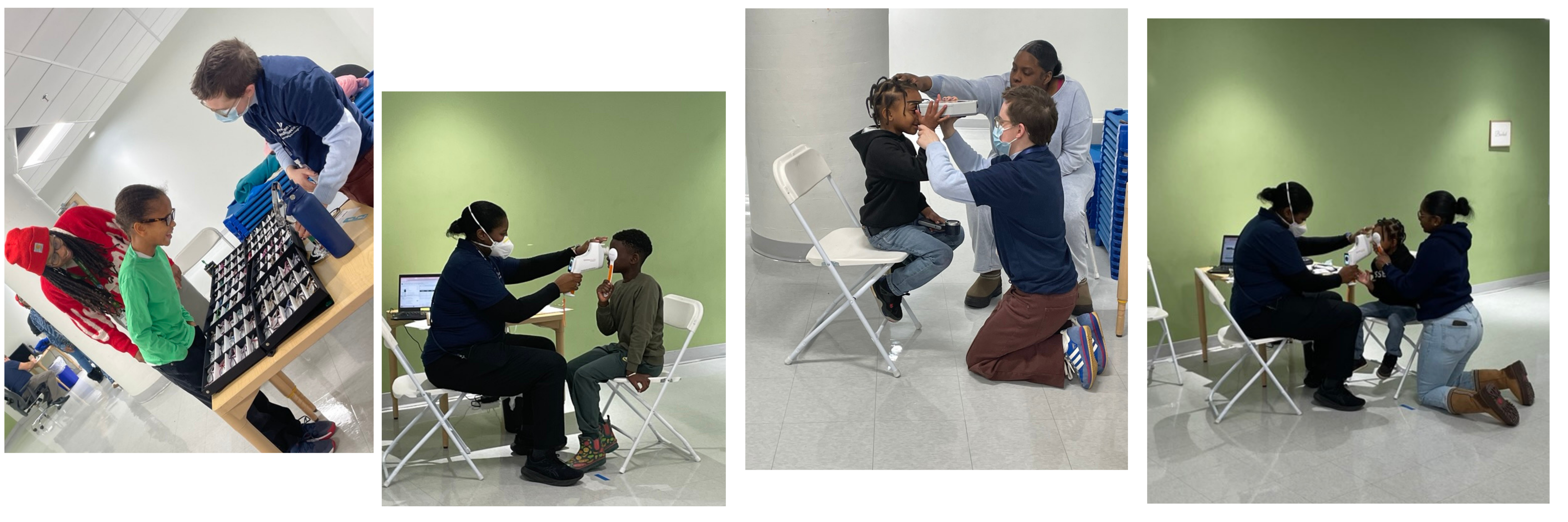 photo collage of kids being assessed for and receiving glasses at a Glasses4Scholars event