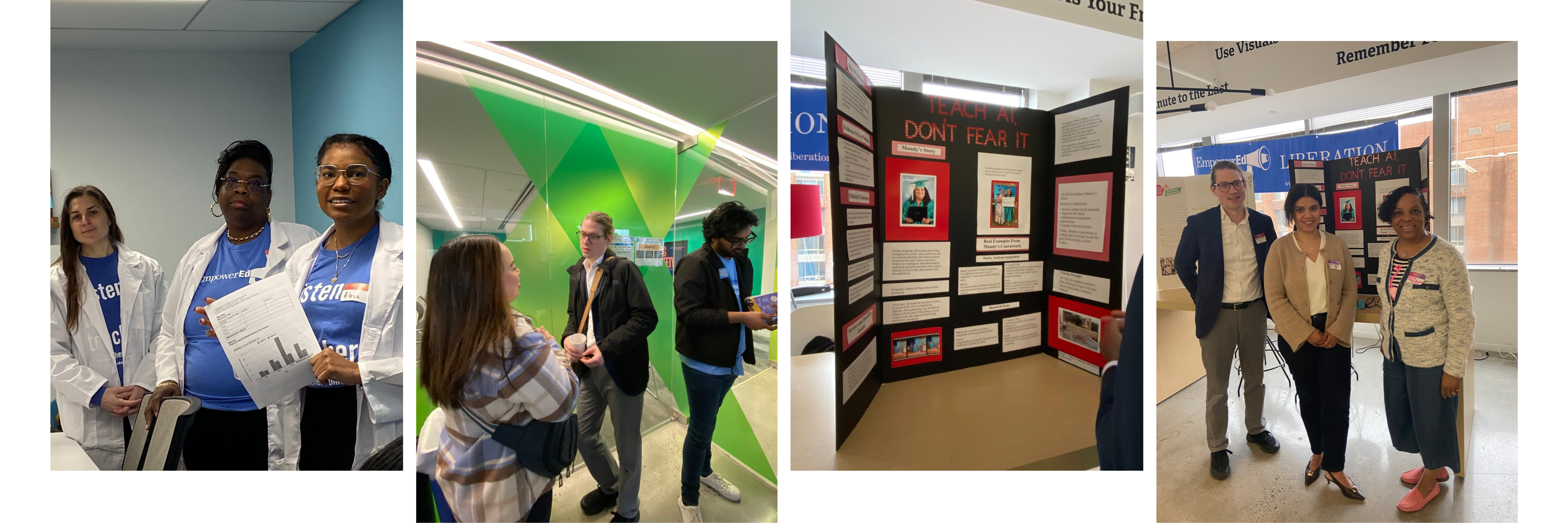 collage of images of people talking, poster boards, and collaboration