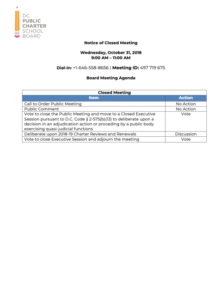 October 2018 Board Meeting agenda