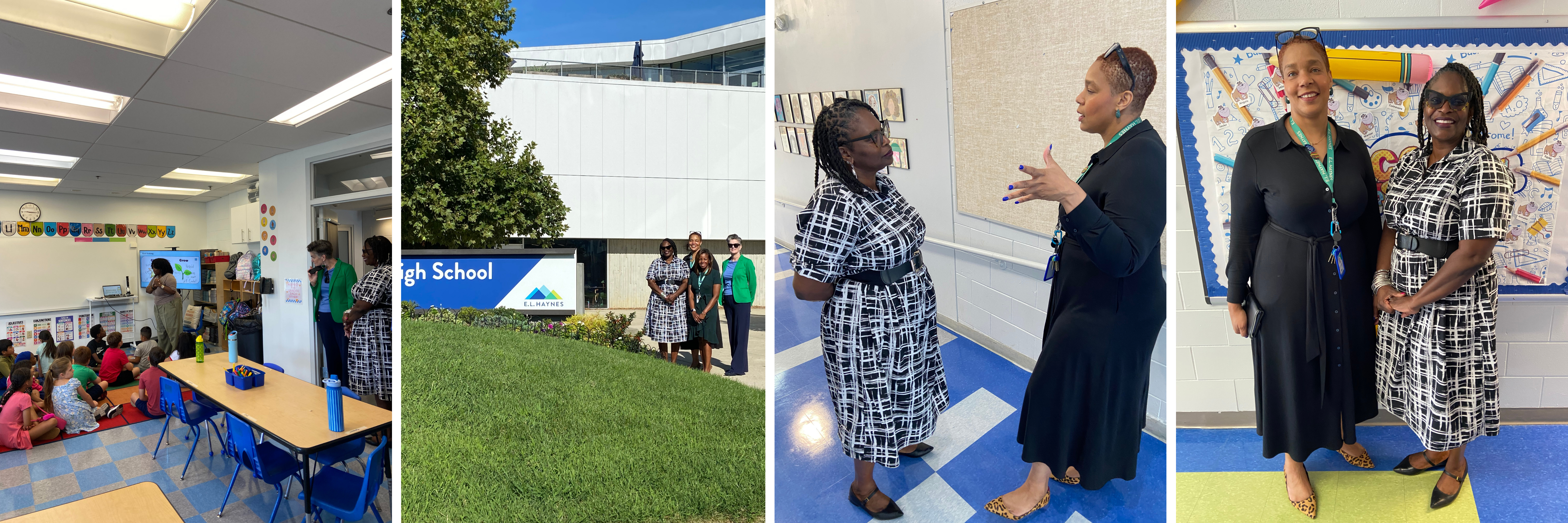 a collage of images that include Dr. Michelle Walker-Davis walking through the halls of EL Haynes PCS, standing with school leaders by their sign, and her talking with school leaders during her visit