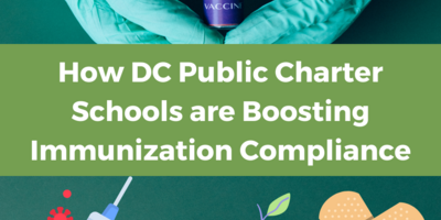 images indicative of immunization under a green banner with white text reading "How DC Public Charter Schools are Boosting Immunization Compliance"