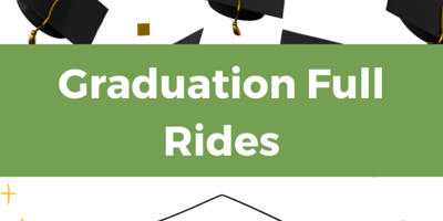 images indicative of graduation behind a green banner with white text reading "Graduation Full Rides"