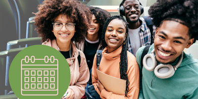 translucent image of a board room overlaid with pictures of a calendar and students
