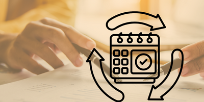 slightly orange tinted image of two hands hovering over a piece of paper overlaid with a "renewal" graphic of a calendar and arrows