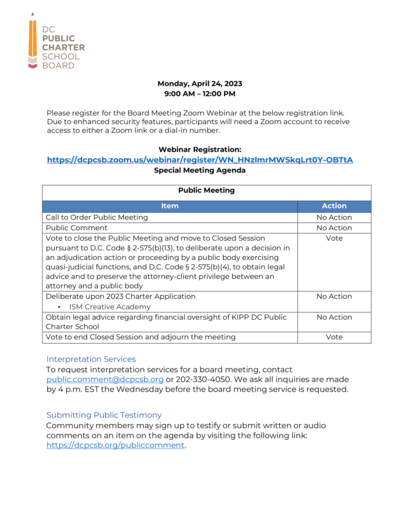Special Meeting Agenda