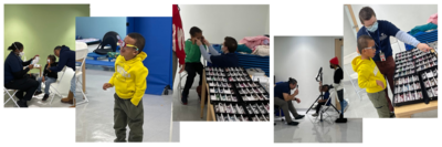 photo collage of kids being assessed for and receiving glasses at a Glasses4Scholars event