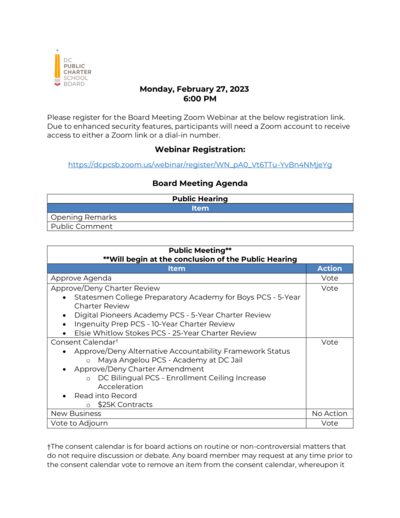 DC PCSB February 2023 Board Meeting Agenda
