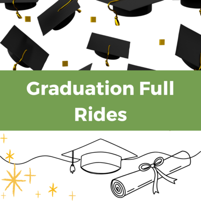 images indicative of graduation behind a green banner with white text reading "Graduation Full Rides"