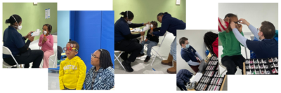 photo collage of kids being assessed for and receiving glasses at a Glasses4Scholars event