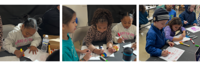 variety of pictures of students making valentine cards