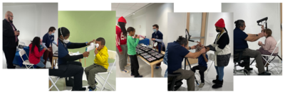 photo collage of kids being assessed for and receiving glasses at a Glasses4Scholars event