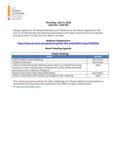 DC PCSB July 2022 Special Board Meeting