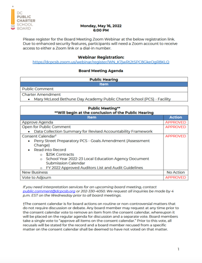DC PCSB May Board Meeting Agenda Final Actions