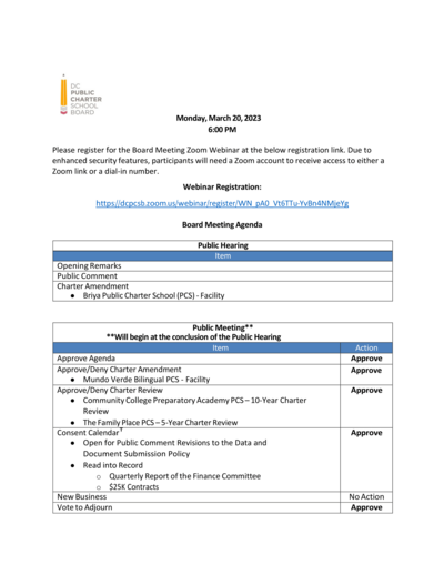 DC PCSB March Board Meeting Agenda