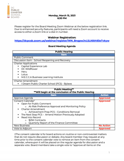 March 2021 Board Meeting Agenda