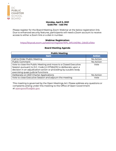 April 2021 Agenda