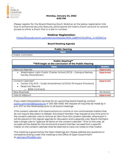 January 2022 Board Meeting Agenda