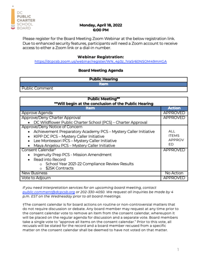 April 2022 Board Meeting Agenda