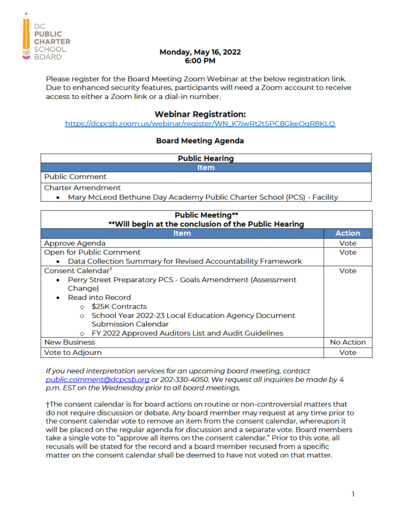 DC PCSB May 2022 Board Meeting Agenda