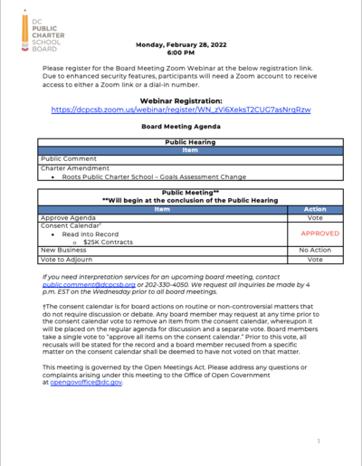February 2022 DC PCSB Board Meeting Agenda