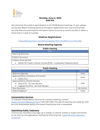 page 1 of the board meeting agenda