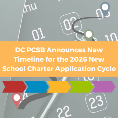 timeline-related graphics under a yellow banner with black text reading "DC PCSB Announces New Timeline for the 2026 New School Charter Application Cycle - Shifting Cycle to the Fall While Lengthening the Planning Year"