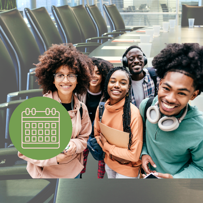 translucent image of a board room overlaid with pictures of a calendar and students