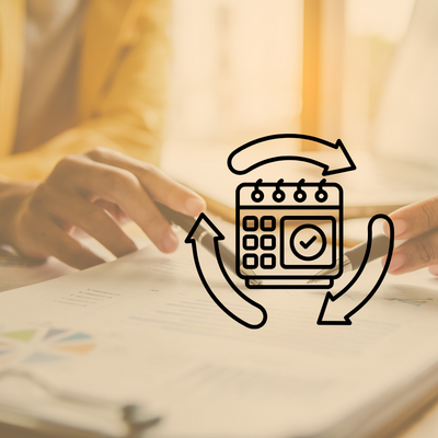 slightly orange tinted image of two hands hovering over a piece of paper overlaid with a "renewal" graphic of a calendar and arrows