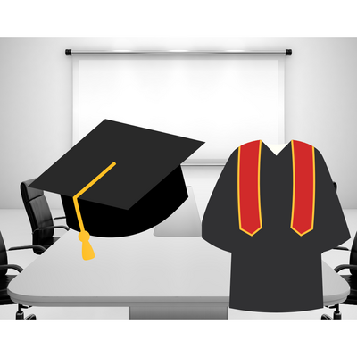 image of an empty board room overlaid with a graduation cap and gown