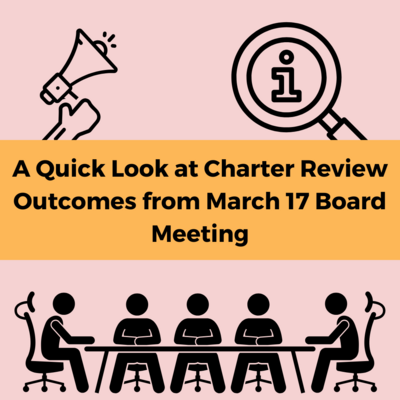 cover image reads "A Quick Look at Charter Review Outcomes from March 17 Board Meeting" on a yellow banner in the center surrounded by clipart images on a pink background