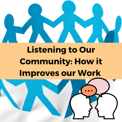images indicating community listening under a yellow banner with black text reading "Listening to Our Community: How it Improves our Work"